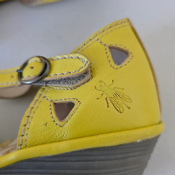 Fly London Yellow Leather Mary Jane Wedge Shoes Women Size 41 Comfort Cutout - Picture 13 of 15